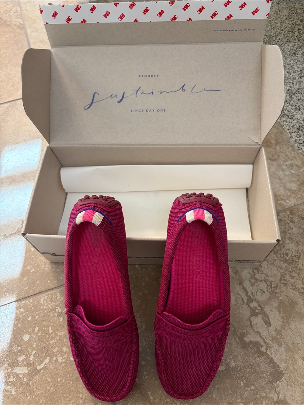 Rothy's Berry Pink Slip-On Loafers with Striped Tab